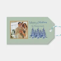 Sage Blue Pagoda Merry Christmas Tree 1-Photo Gift Tags