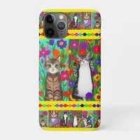 Thumbnail for Folk Art Whimsical Style Cat and Flowers iPhone 11 Pro Case