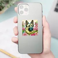 German Shepherd in Pink Flowers Ai Art Sticker