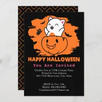 Halloween Cat in Pumpkin, Ghost Bats Black Orange Invitation