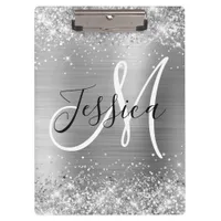 Glittery Silver Foil Black and White Monogram Clipboard