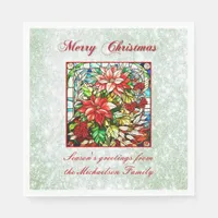 Green Glitter Stained Glass Red Christmas Flowers  Napkins