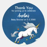 Cute Unicorn Flying Across The Sky | Baby Shower Classic Round Sticker