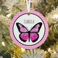 Magenta Butterfly Polka Dot Personalized  Metal Ornament