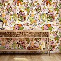 African Safari Animals Boho Maximalist Block Print Wallpaper