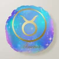 Zodiac Sign Taurus Gold on Colorful Background | Round Pillow