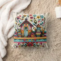 Vibrant garden scene with a colorful birdhouse throw pillow