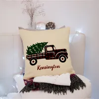 Rustic Christmas Truck Buffalo Plaid Family Name Throw Pillow