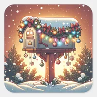 Festive Mailbox with Christmas Lights Holiday Square Sticker