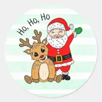 Ho Ho Ho Reindeer and Santa Claus Christmas Classic Round Sticker