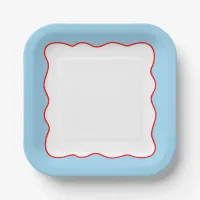 Modern Baby Blue and Wavy Red Border  Paper Plates