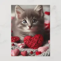 Adorable Valentine Fluffy Grey Kitten with Hearts Postcard