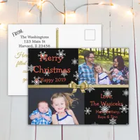 Merry Christmas Family Photo Gold Snowflakes Holiday Postcard