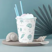 Shells Starfish Sun Fun Text Teal ID918  Paper Cups