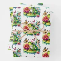 Cute Frog on a Lily Pad and Flowers Birthday Wrapping Paper Sheets