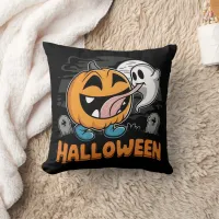 Happy ghost and pumpkin celebrating Halloween fun Throw Pillow