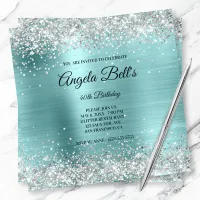 Faux Shiny Silver Glitter Turquoise Foil Monogram Invitation