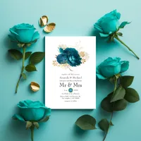 Turquoise - Teal and Gold Floral Wedding Invitation