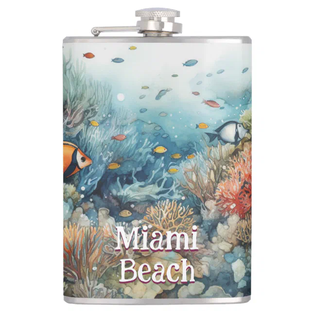 Miami Beach coral reef and fishes watercolor Flask