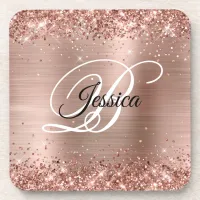 Faux Shiny Rose Gold Glitter Foil Monogram Beverage Coaster