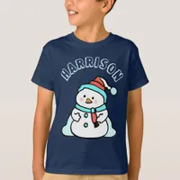 Snowman Custom Name Boys Navy Christmas T-Shirt