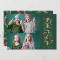 Green Pine Holly Berry Gold Peace Multiple Photo  Holiday Card
