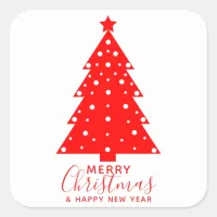 Red and White Merry Christmas Tree Silhouette Square Sticker