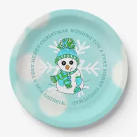 Teal Snowman and Snowflakes holiday Christmas Paper Plates