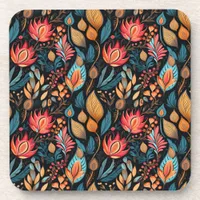 Cozy Autumn Floral Print Digital Folk Art Beverage Coaster