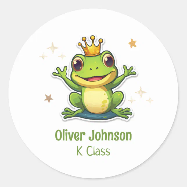 Frog King Cartoon Back To School Name And Class  Classic Round Sticker