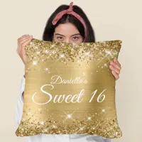 Sparkly Gold Glitter and Foil Sweet 16 Throw Pillow