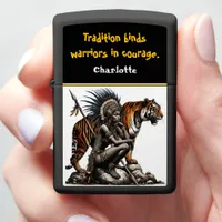 A fierce warrior stands with a majestic tiger zippo lighter