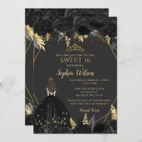 Elegant Black Gold Floral Princess SWEET 16  Invitation