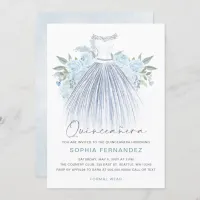 Dusty Blue Silver glitter Floral Dress Quinceañera Invitation