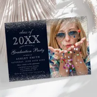 Modern Silver Glitter Navy Blue Photo Graduation Invitation