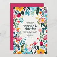 Whimsical Floral Fiesta Wedding Photo and QR Code Invitation