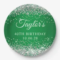 Silver Glitter Green 40th Birthday Paper Plates