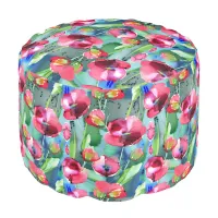 Red Abstract Poppy  Flower Design Round Pouf