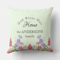 God Bless Our Home Green Wildflower Family Name Throw Pillow