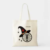 Monogram T Halloween Witch Spiders Your Name Tote Bag