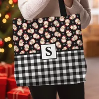 Vintage Santa Black Gingham Monogrammed Christmas Tote Bag