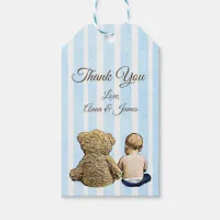 Baby Boy and Teddy Bear Blue Striped Thank You Tag