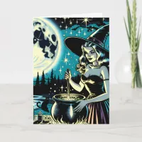 Vintage Halloween Witch stirring a Cauldron Card