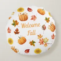 Watercolor Fall Leaves and Pumpkins Round Pillow