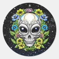 Floral Alien Skull Extraterrestrial AI Art Classic Round Sticker