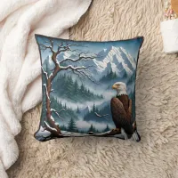 Majestic Eagle Perched in Snowy Mountain Landscape Throw Pillow