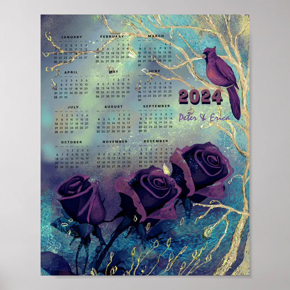 2024 Monthly Calendar Purple Roses Poster