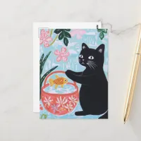 Floral Black Cat with Goldfish in Basket Postcard