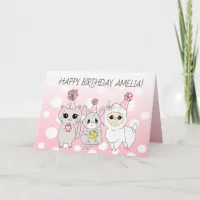 Whimsical Llama, Kitten and Mouse Girl's Birthday Card