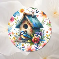  Watercolor Illustration  of Birdhouse and Bird  Classic Round Sticker